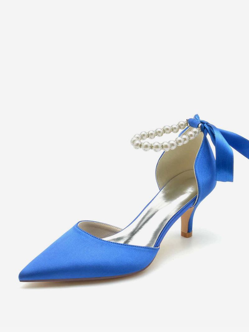 Sapatos Casamento Femininos Bombas Noiva Seda E Cetim Bico Fino Pérolas - Azul Royal