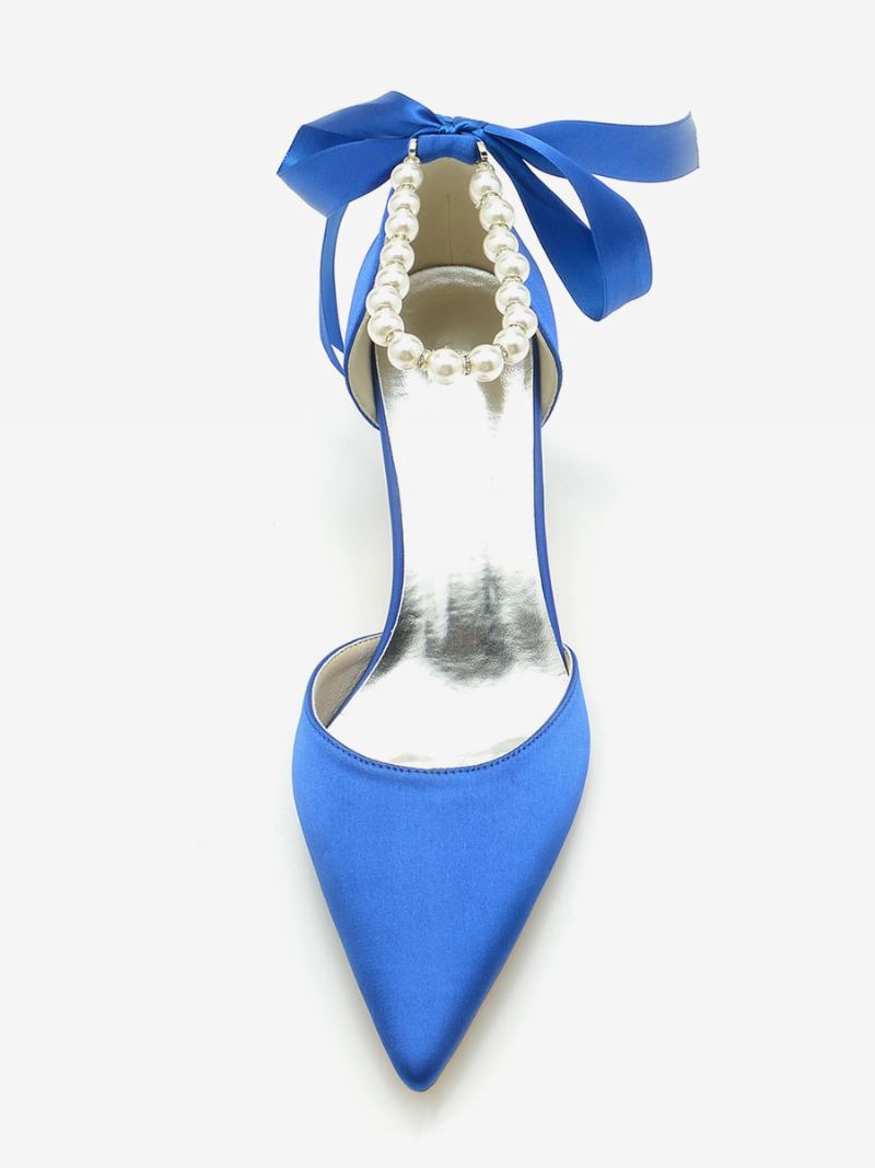 Sapatos Casamento Femininos Bombas Noiva Seda E Cetim Bico Fino Pérolas - Azul Royal