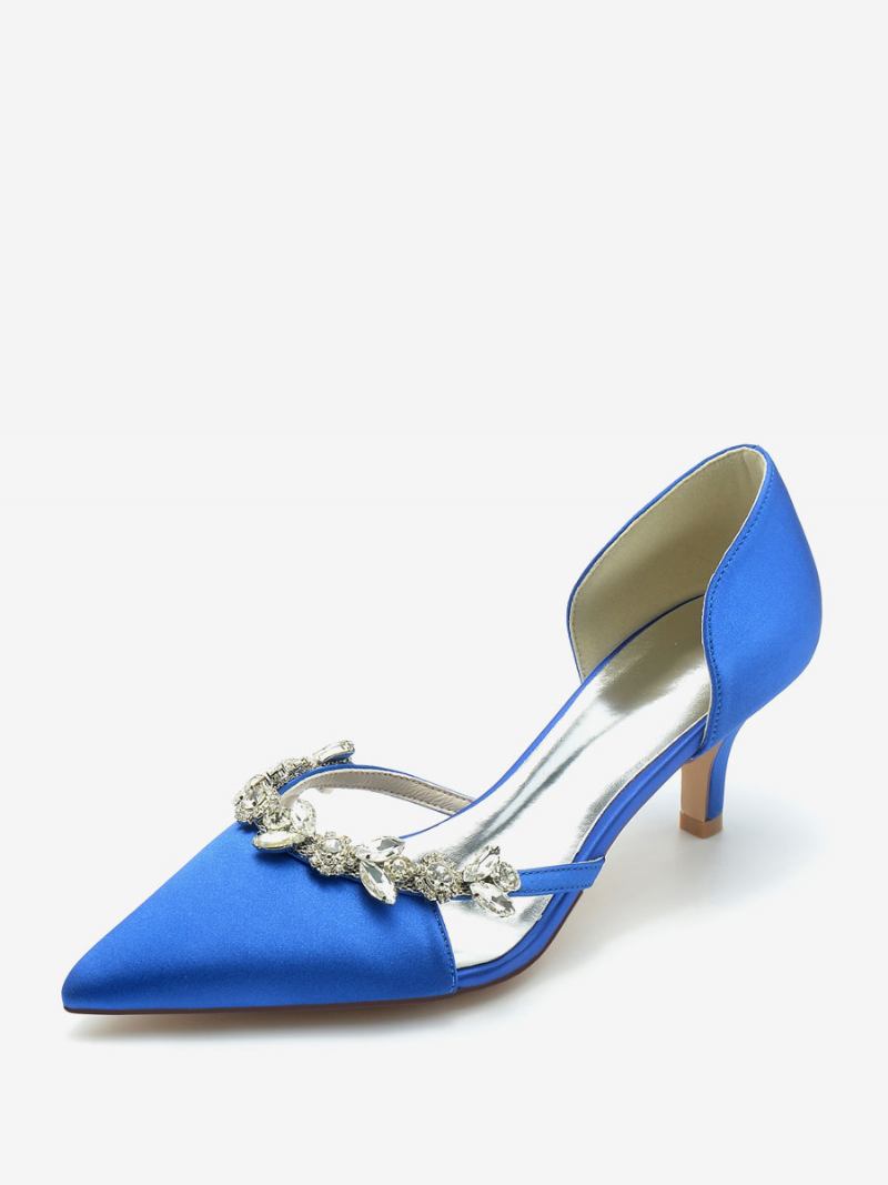 Sapatos Casamento Femininos Bombas Noiva Seda E Cetim Bico Fino Strass Deslizamento Em Salto Gatinho - Azul Royal