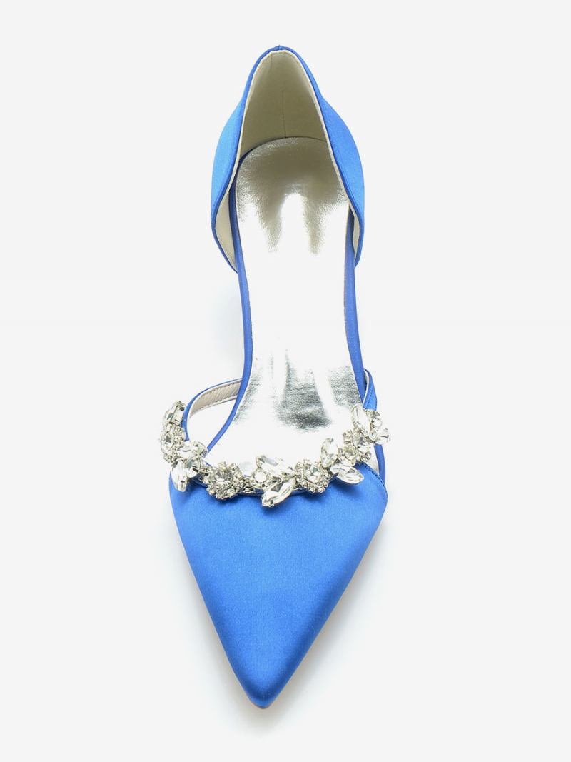 Sapatos Casamento Femininos Bombas Noiva Seda E Cetim Bico Fino Strass Deslizamento Em Salto Gatinho - Azul Royal