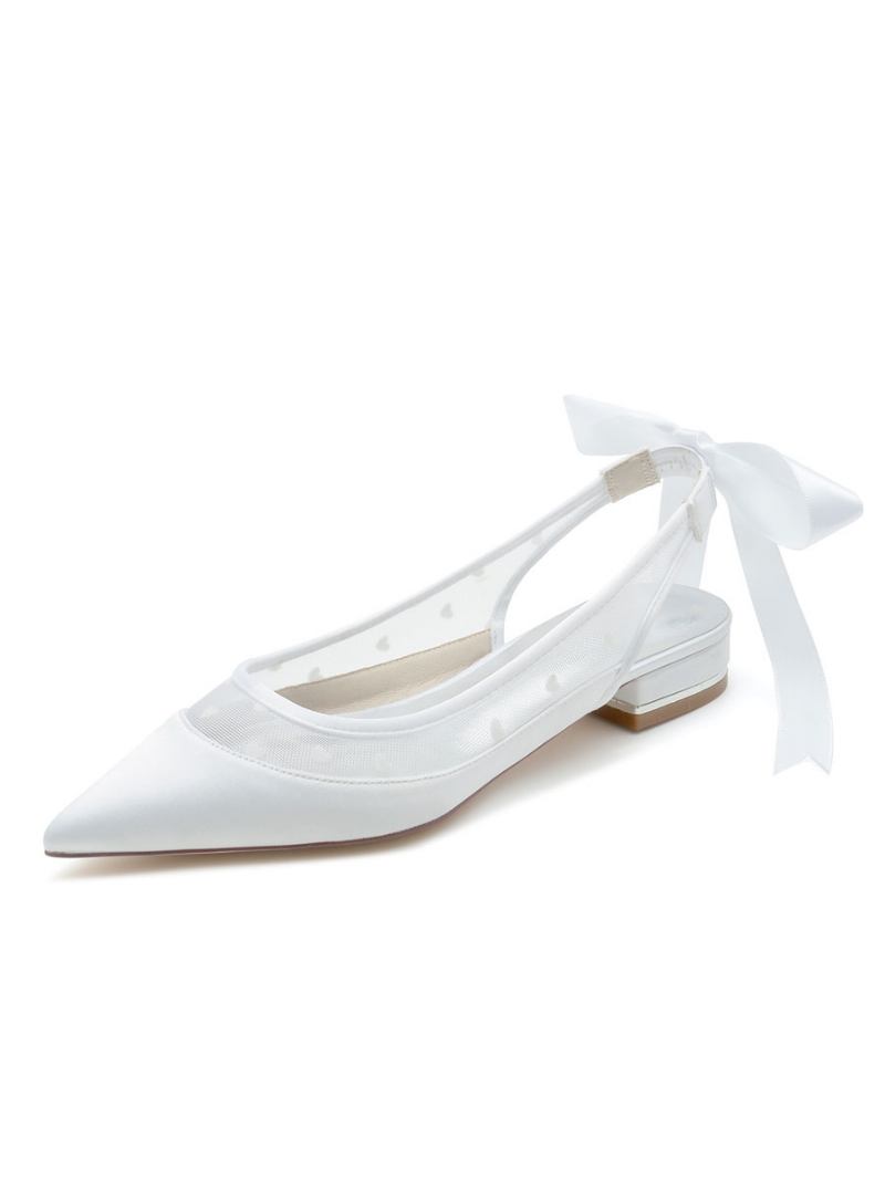 Sapatos Casamento Femininos Bordados Malha Bico Fino Salto Cachorrinho Noiva - Branco