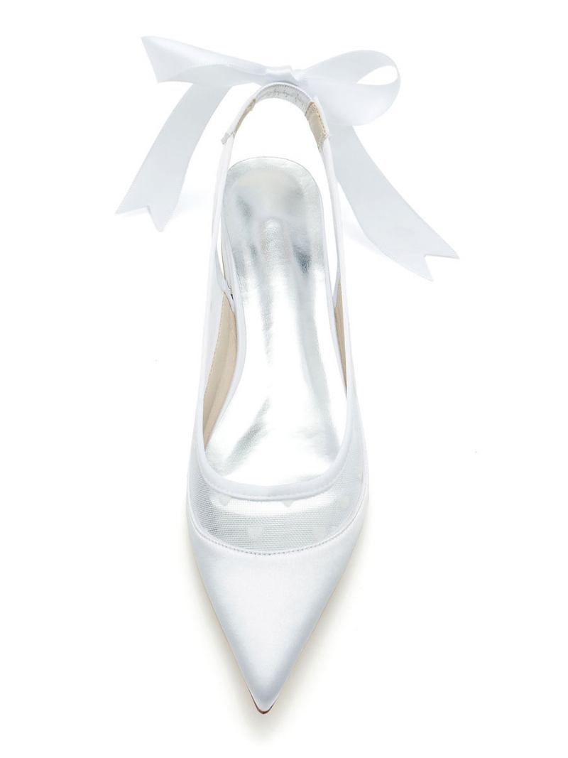 Sapatos Casamento Femininos Bordados Malha Bico Fino Salto Cachorrinho Noiva - Branco