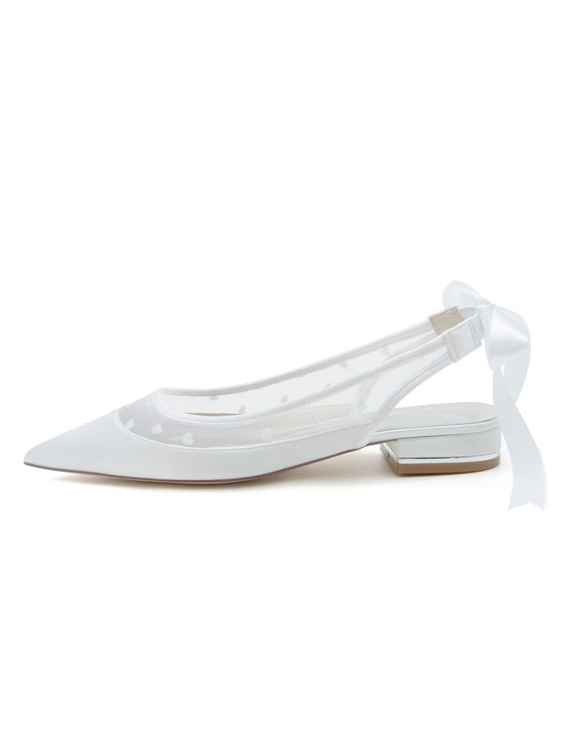 Sapatos Casamento Femininos Bordados Malha Bico Fino Salto Cachorrinho Noiva - Branco