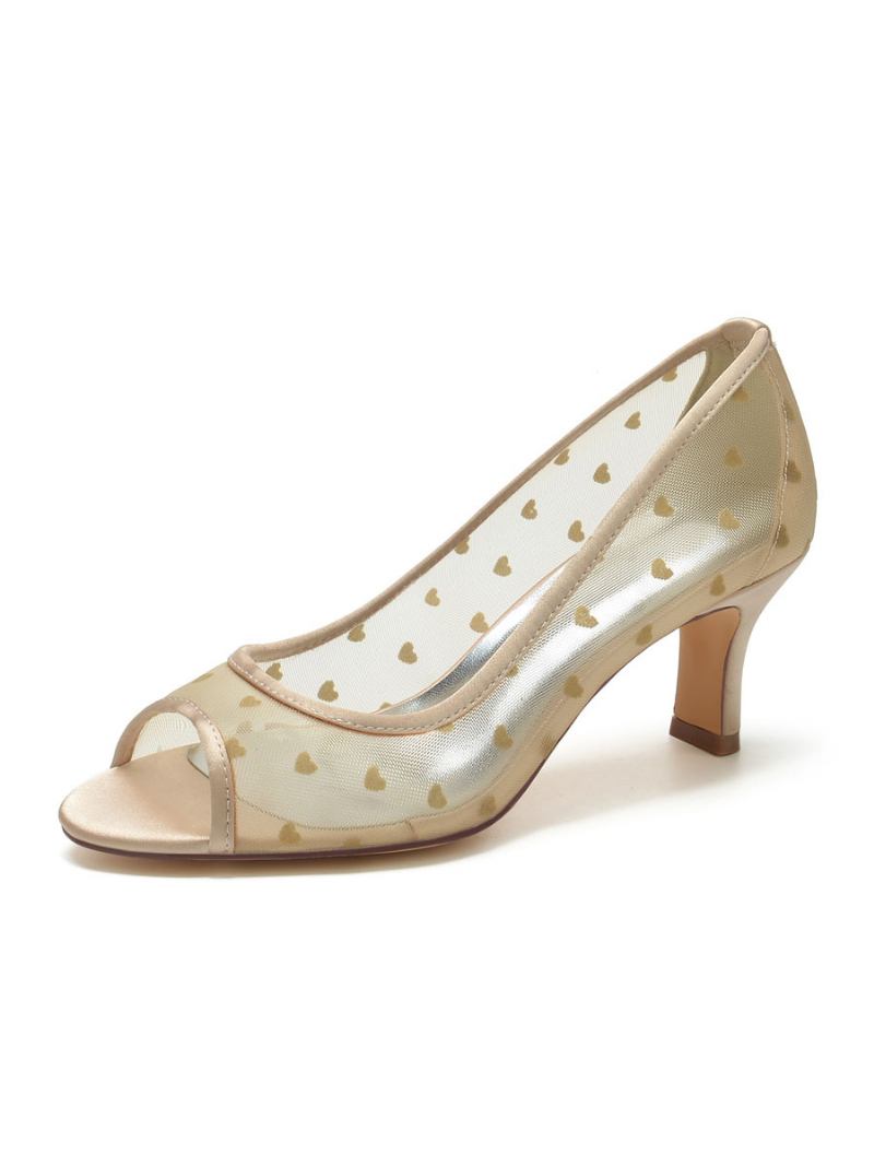 Sapatos Casamento Femininos Bordados Malha Peep Toe Noiva Salto Grosso - Champanhe