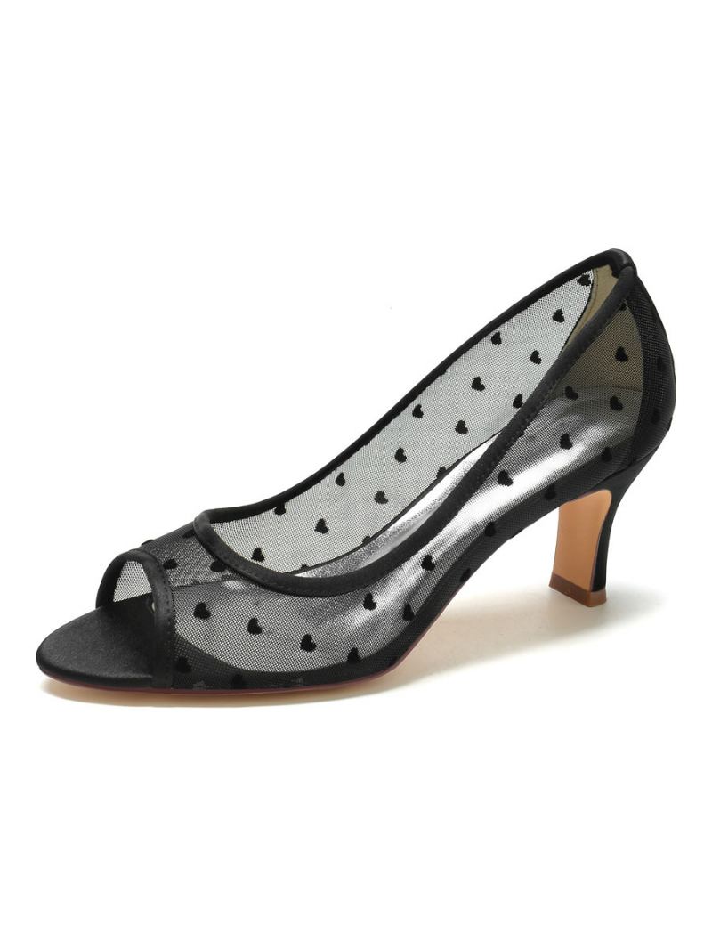 Sapatos Casamento Femininos Bordados Malha Peep Toe Noiva Salto Grosso - Preto