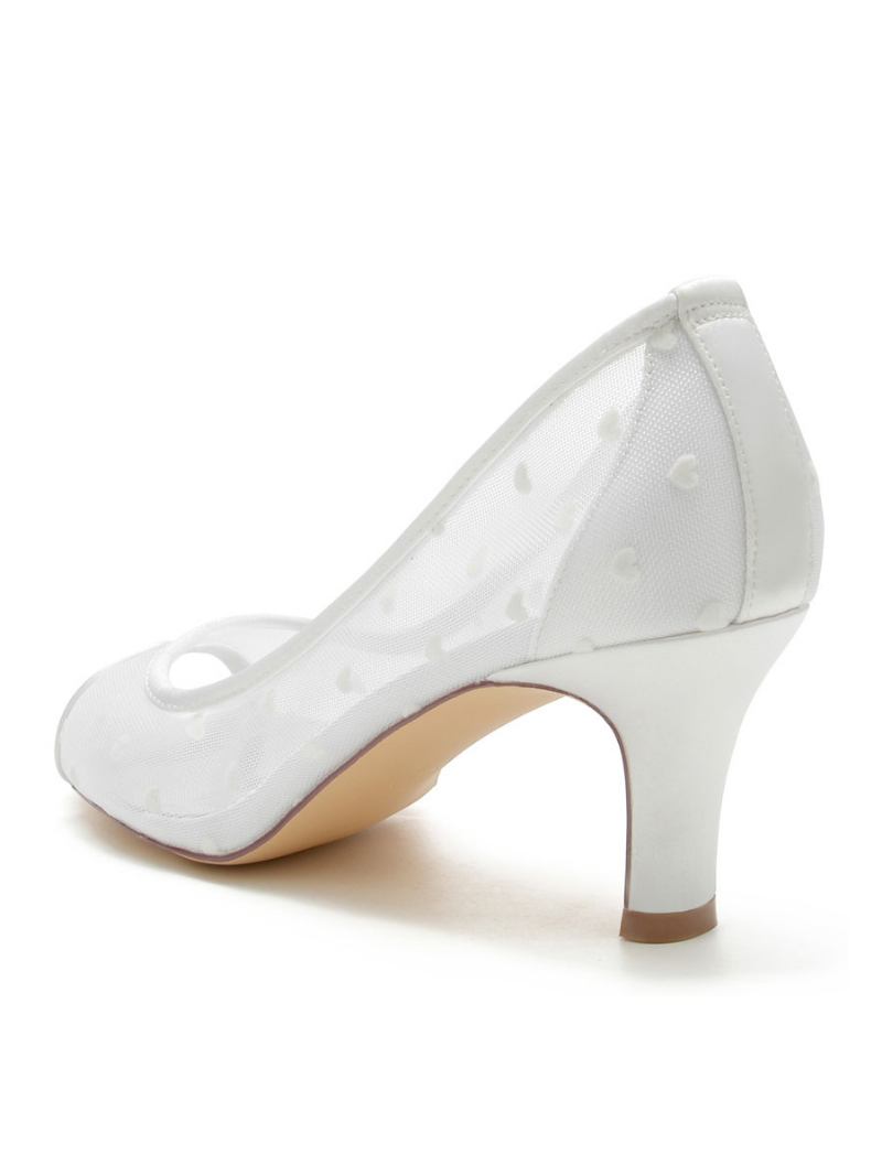 Sapatos Casamento Femininos Bordados Malha Peep Toe Noiva Salto Grosso - Branco