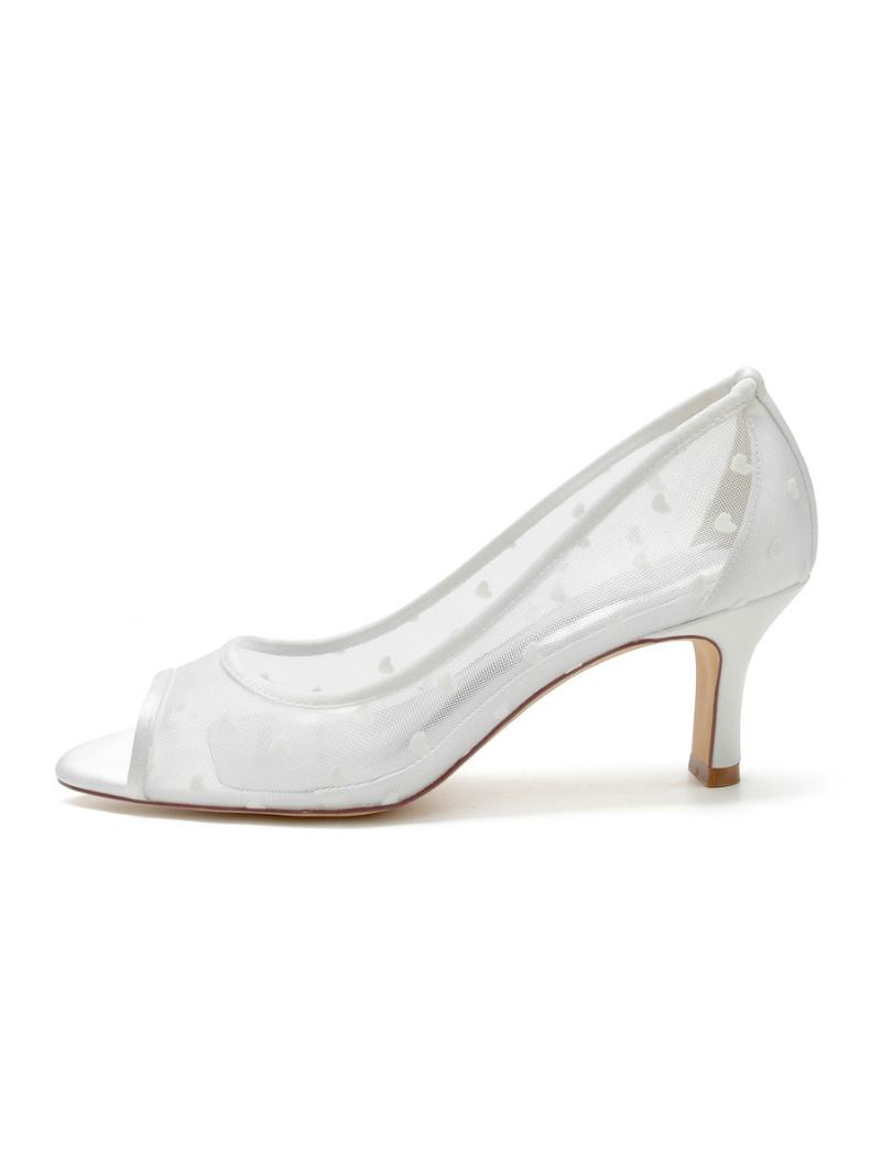 Sapatos Casamento Femininos Bordados Malha Peep Toe Noiva Salto Grosso - Branco