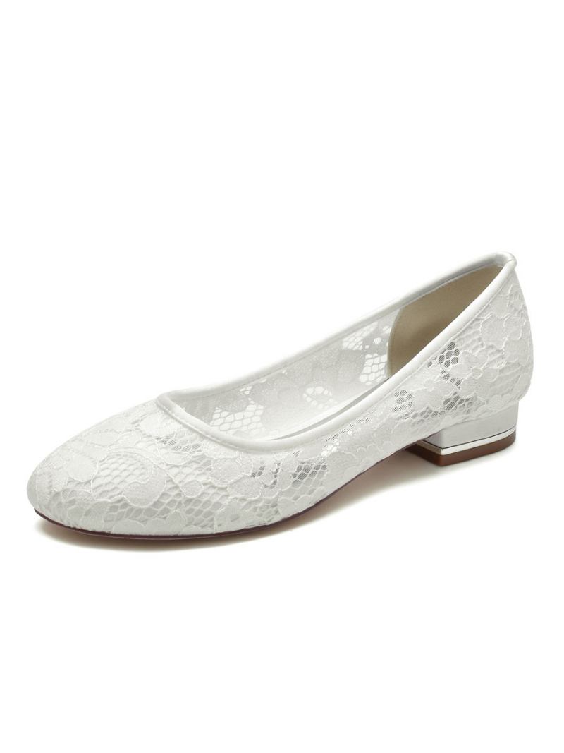 Sapatos Casamento Femininos Bordados Renda Bico Redondo Noiva Planos - Marfim