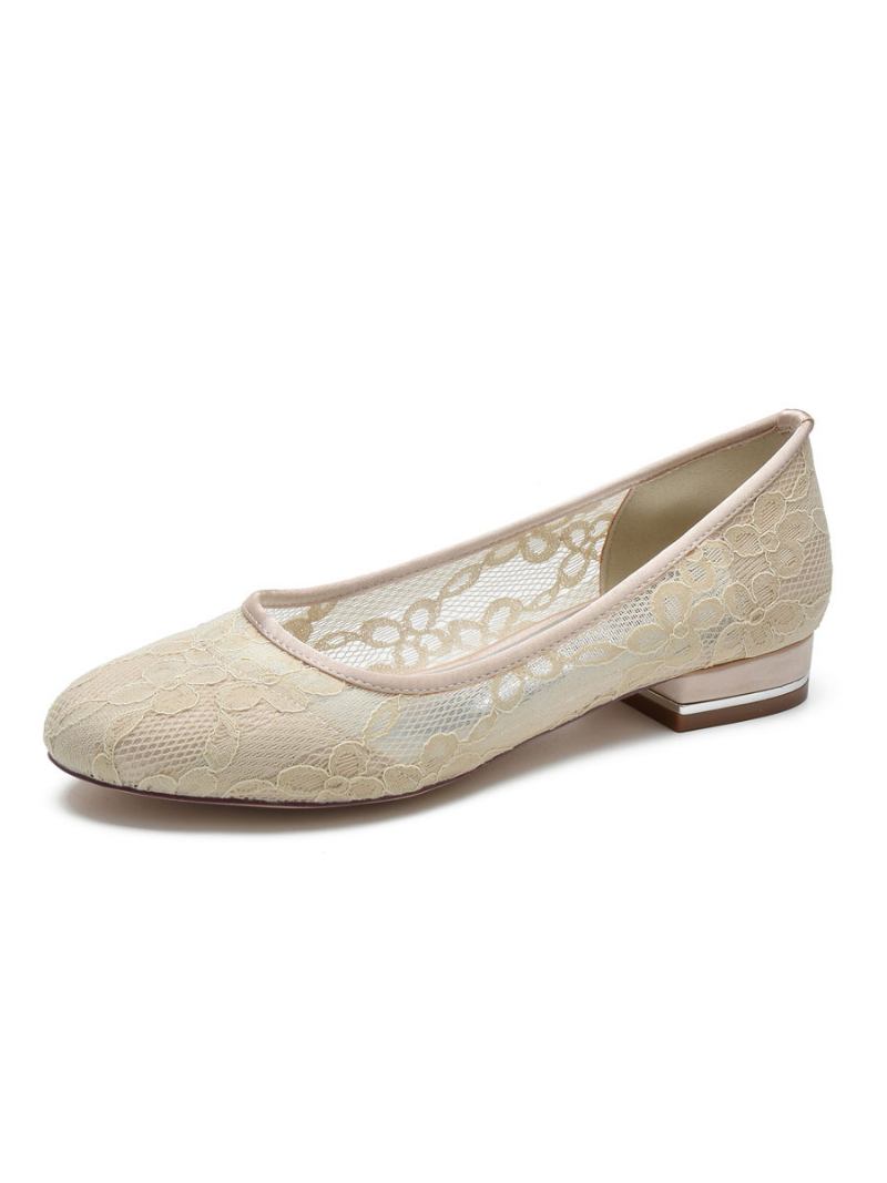 Sapatos Casamento Femininos Bordados Renda Bico Redondo Noiva Planos - Champanhe