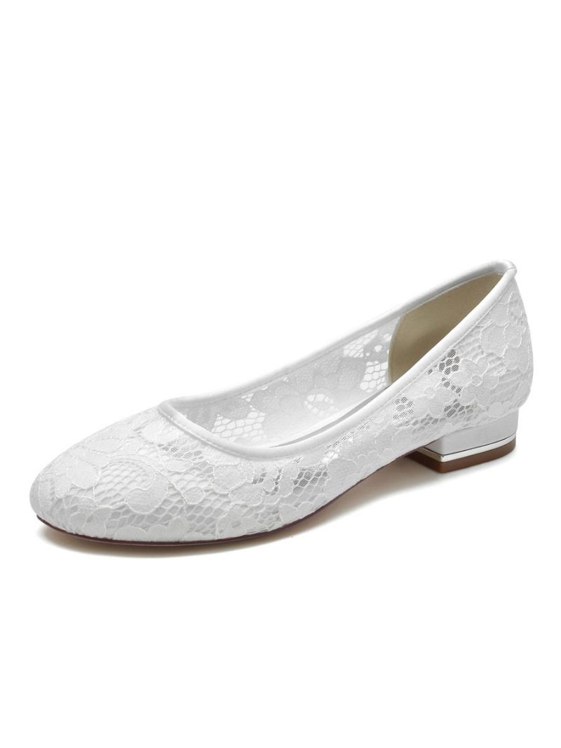 Sapatos Casamento Femininos Bordados Renda Bico Redondo Noiva Planos - Branco