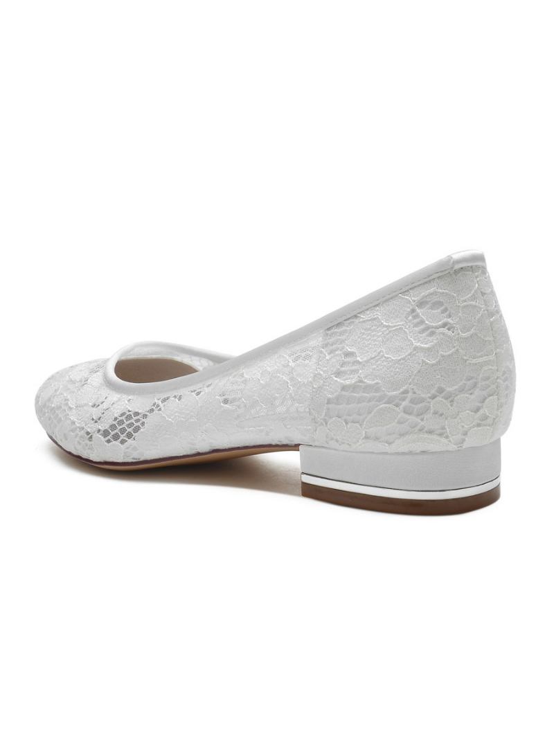 Sapatos Casamento Femininos Bordados Renda Bico Redondo Noiva Planos - Branco