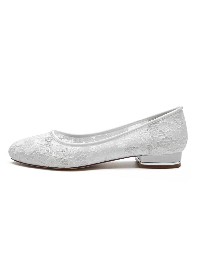 Sapatos Casamento Femininos Bordados Renda Bico Redondo Noiva Planos - Branco