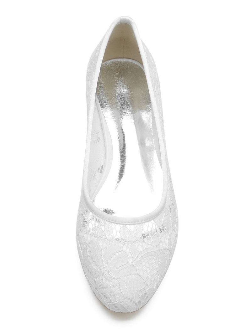 Sapatos Casamento Femininos Bordados Renda Bico Redondo Noiva Planos - Branco