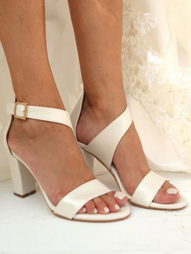 Sapatos Casamento Femininos Brancos Com Fivela Dedo Aberto E Salto Bloco Noiva - Branco