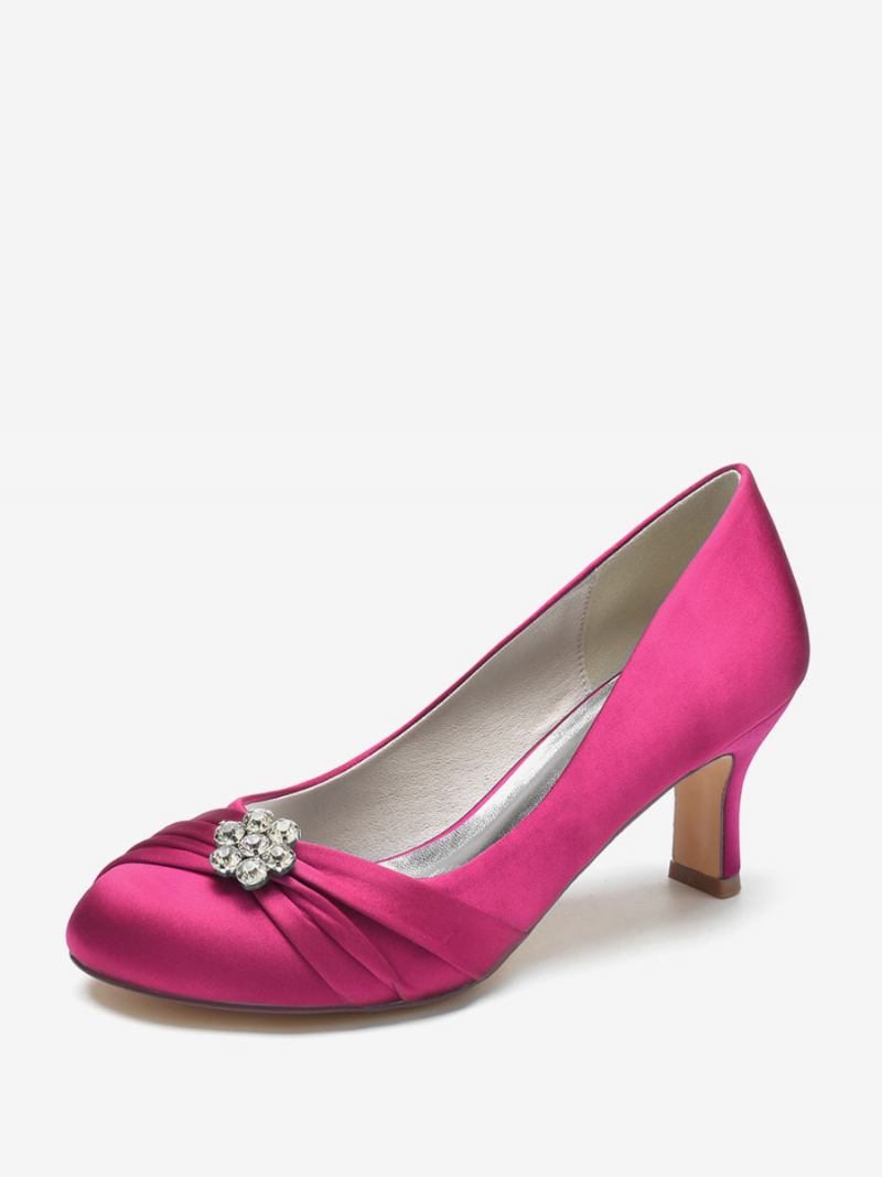 Sapatos Casamento Femininos Cetim Bico Redondo Strass Salto Grosso Noiva - Rosa