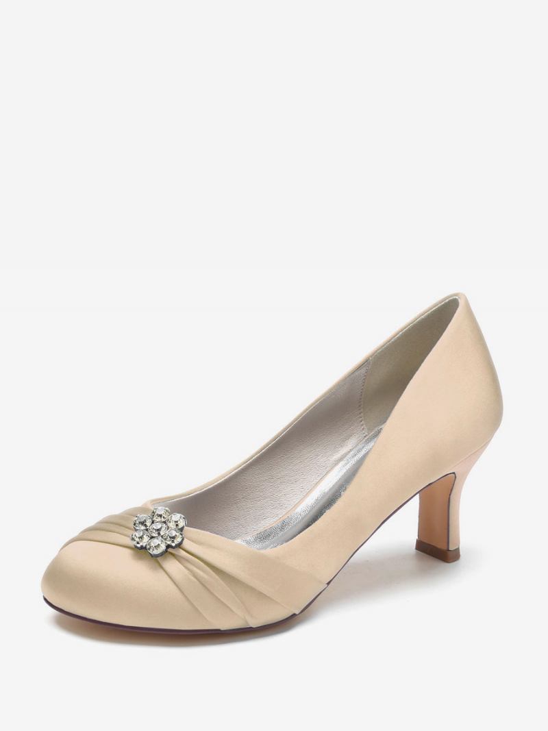 Sapatos Casamento Femininos Cetim Bico Redondo Strass Salto Grosso Noiva - Champanhe