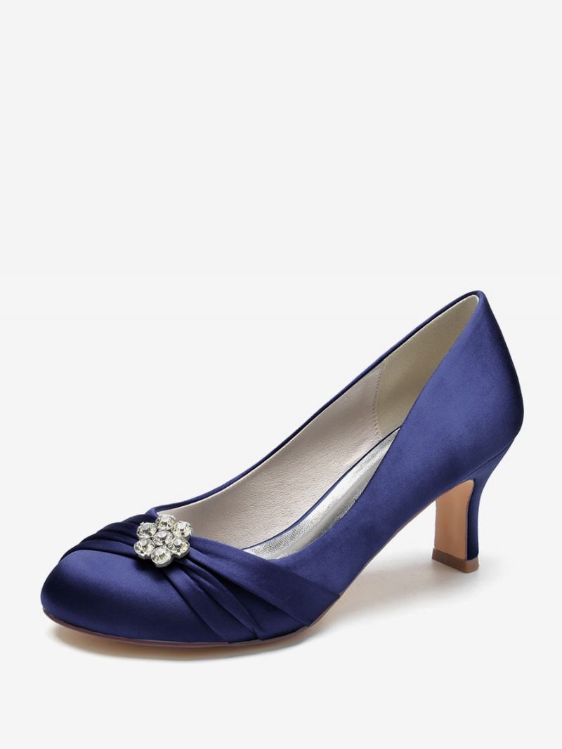 Sapatos Casamento Femininos Cetim Bico Redondo Strass Salto Grosso Noiva - Azul Profundo