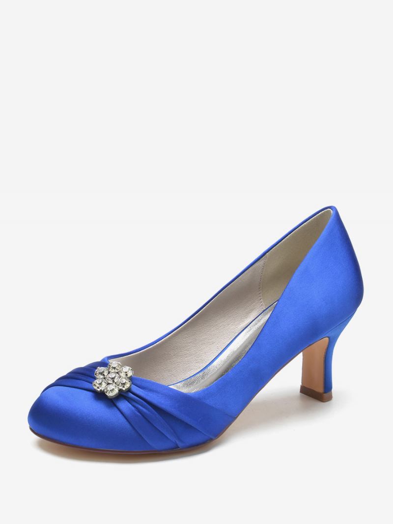 Sapatos Casamento Femininos Cetim Bico Redondo Strass Salto Grosso Noiva - Azul Royal