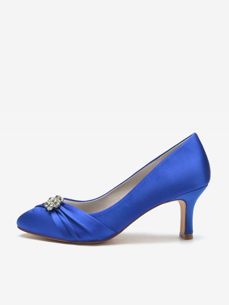 Sapatos Casamento Femininos Cetim Bico Redondo Strass Salto Grosso Noiva - Azul Royal