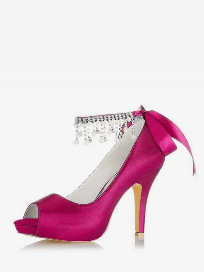 Sapatos Casamento Femininos Cetim Borgonha Peep Toe Strass Salto Grosso Noiva - Rosa