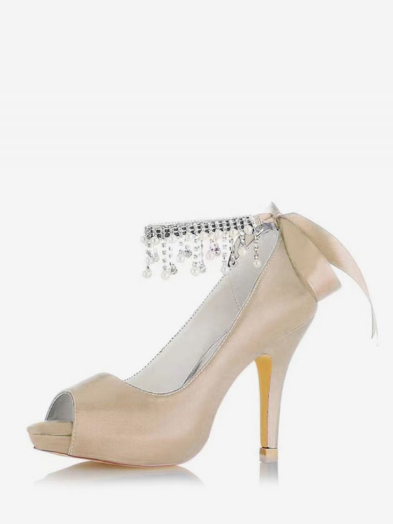 Sapatos Casamento Femininos Cetim Borgonha Peep Toe Strass Salto Grosso Noiva - Champanhe