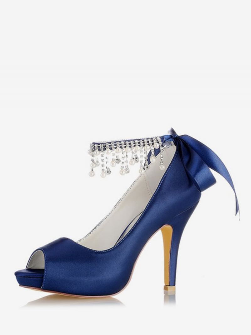 Sapatos Casamento Femininos Cetim Borgonha Peep Toe Strass Salto Grosso Noiva - Azul Profundo