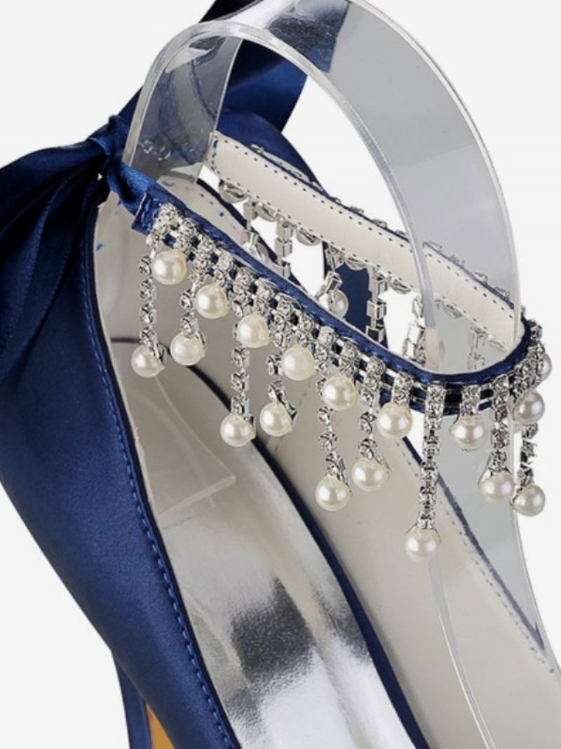 Sapatos Casamento Femininos Cetim Borgonha Peep Toe Strass Salto Grosso Noiva - Azul Profundo