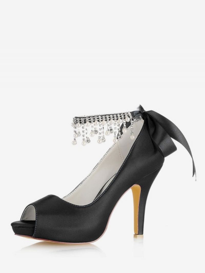 Sapatos Casamento Femininos Cetim Borgonha Peep Toe Strass Salto Grosso Noiva - Preto