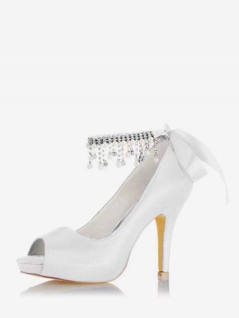 Sapatos Casamento Femininos Cetim Borgonha Peep Toe Strass Salto Grosso Noiva - Branco