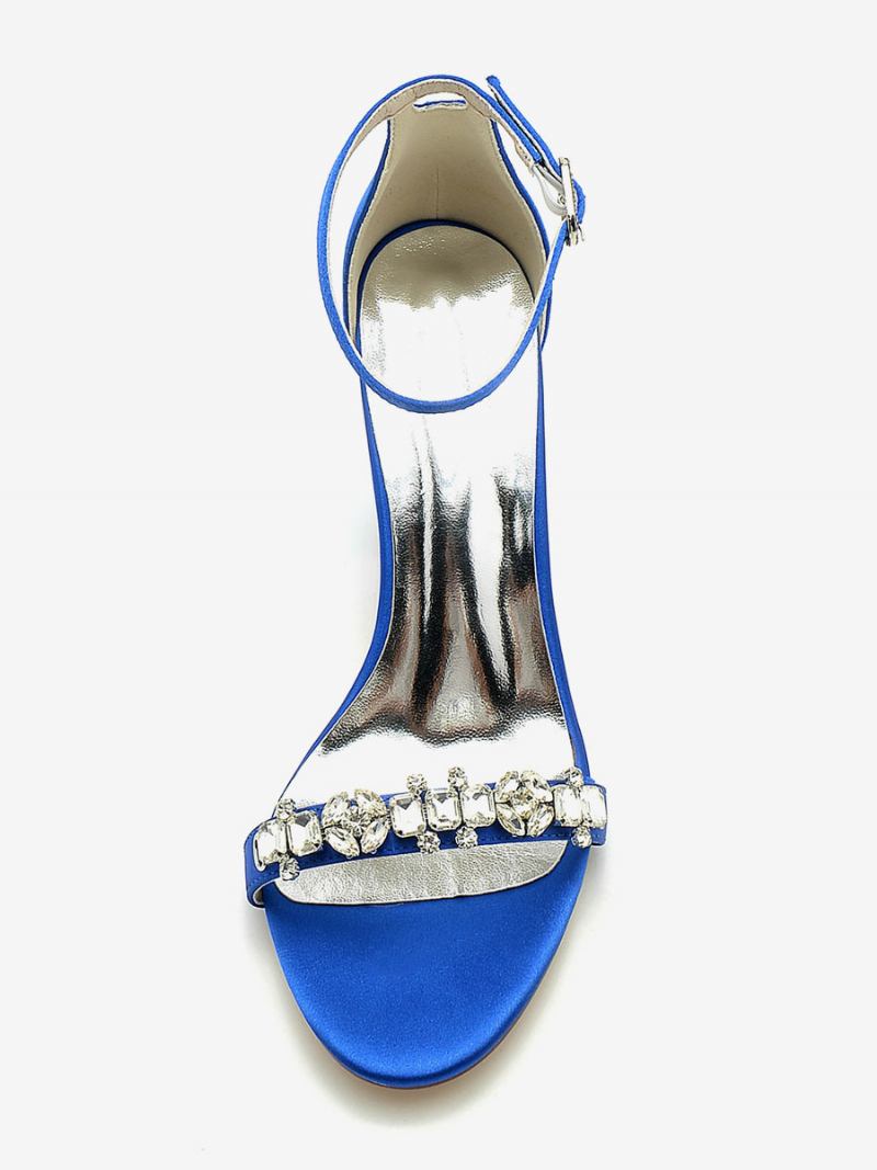 Sapatos Casamento Femininos Cetim Borgonha Strass Sandálias Dedo Aberto - Azul Royal