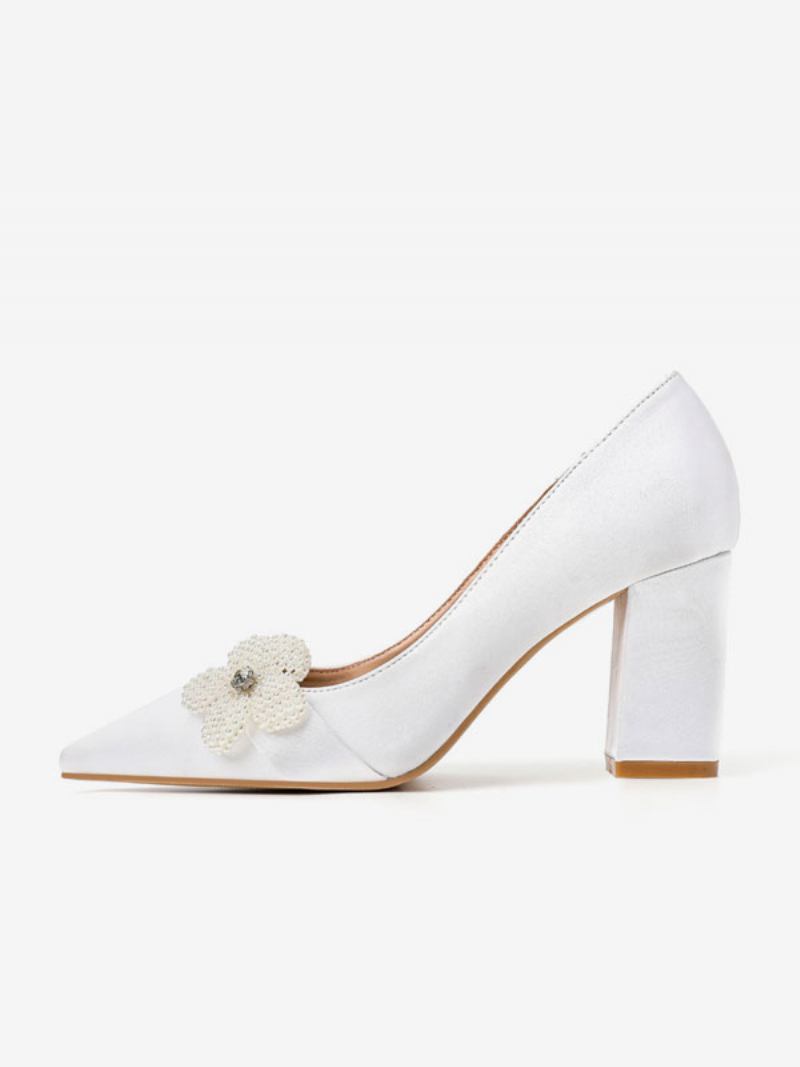 Sapatos Casamento Femininos Cetim Branco Bico Fino Pérolas Salto Grosso Noiva - Branco