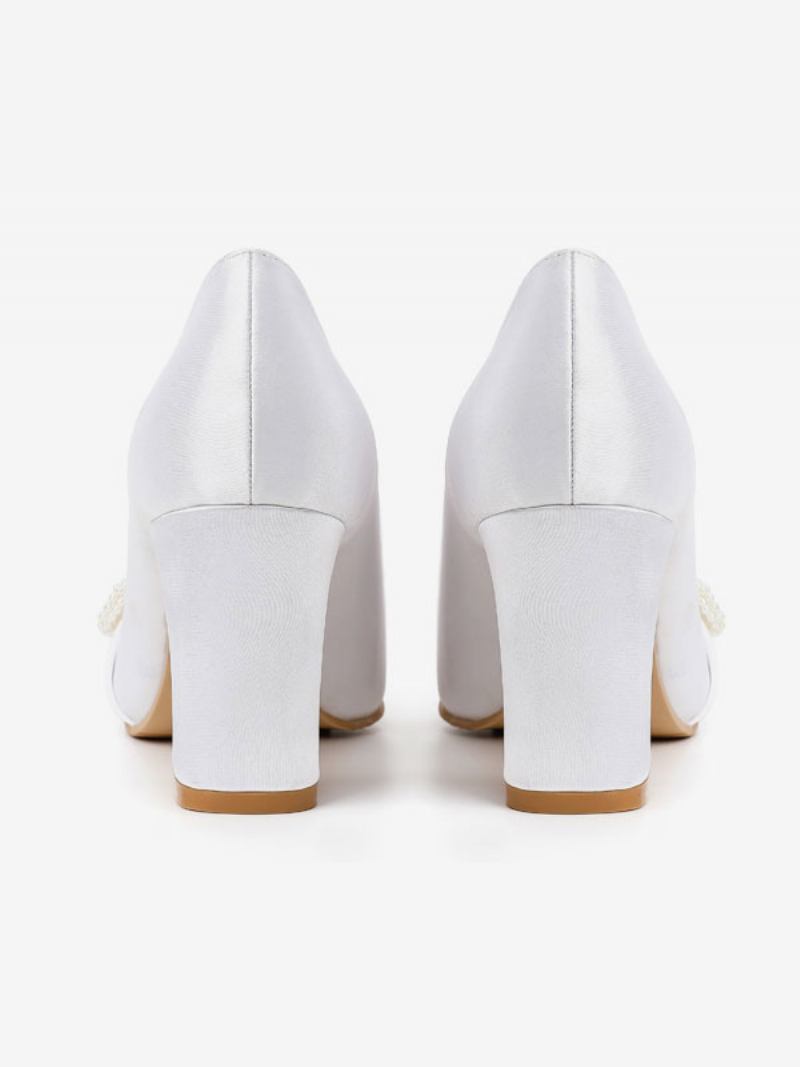 Sapatos Casamento Femininos Cetim Branco Bico Fino Pérolas Salto Grosso Noiva - Branco