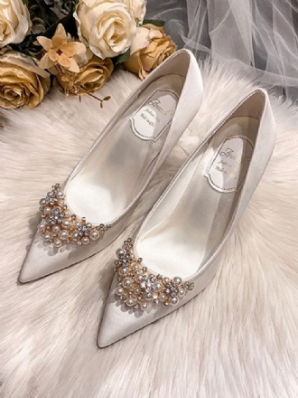 Sapatos Casamento Femininos Cetim Branco Bico Fino Strass Salto Agulha Noiva