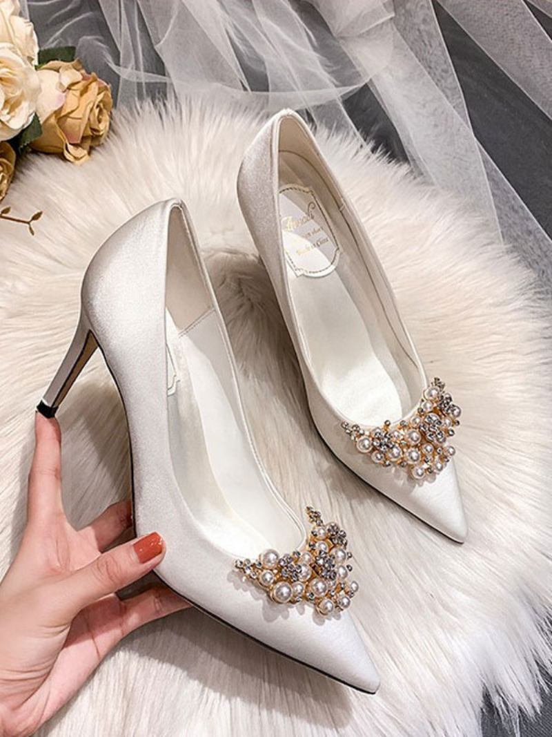 Sapatos Casamento Femininos Cetim Branco Bico Fino Strass Salto Agulha Noiva - Branco