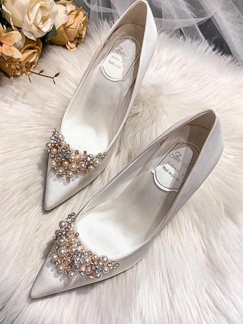 Sapatos Casamento Femininos Cetim Branco Bico Fino Strass Salto Agulha Noiva - Branco