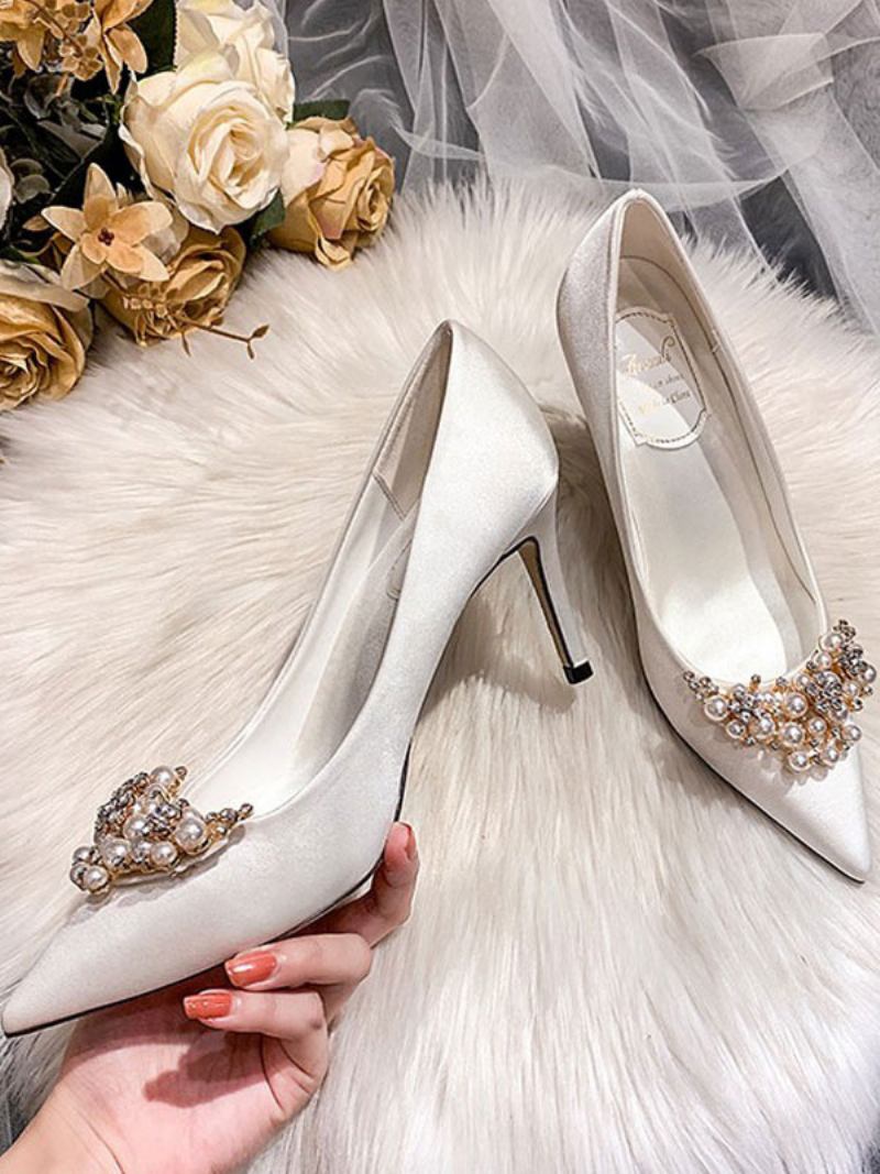 Sapatos Casamento Femininos Cetim Branco Bico Fino Strass Salto Agulha Noiva - Branco