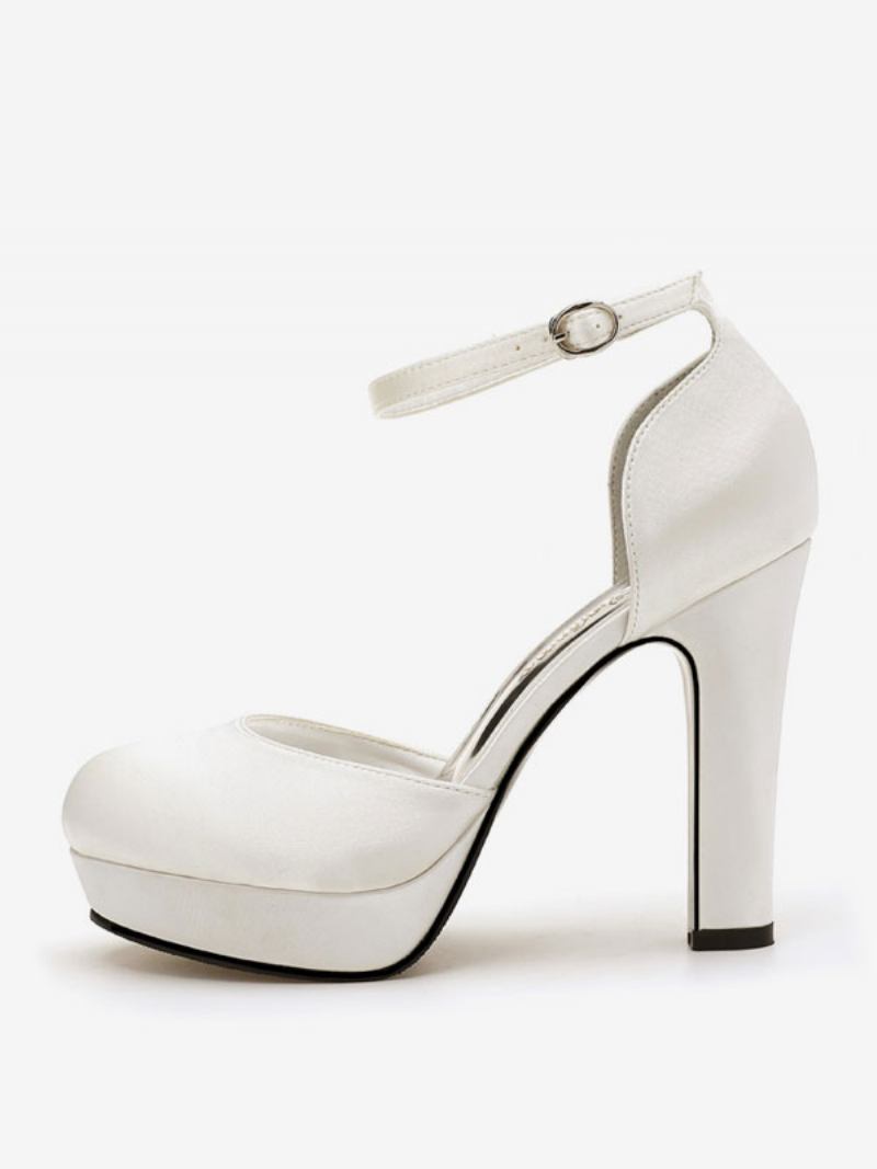 Sapatos Casamento Femininos Cetim Branco Bico Redondo Salto Grosso Noiva - Branco