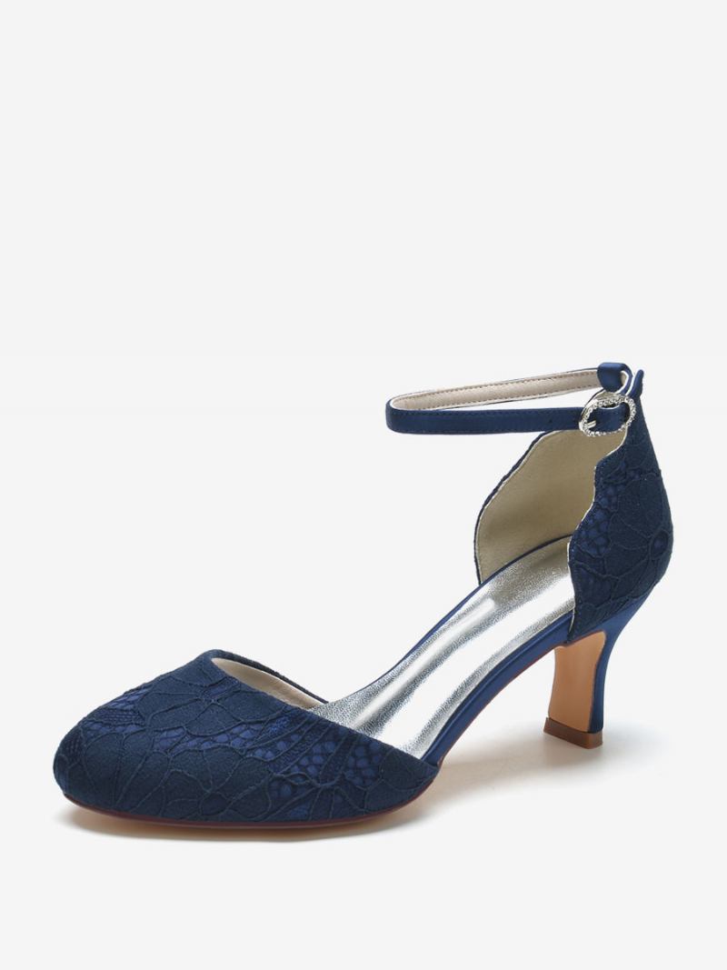 Sapatos Casamento Femininos Cetim Branco Bico Redondo Strass Salto Grosso Noiva - Azul Profundo