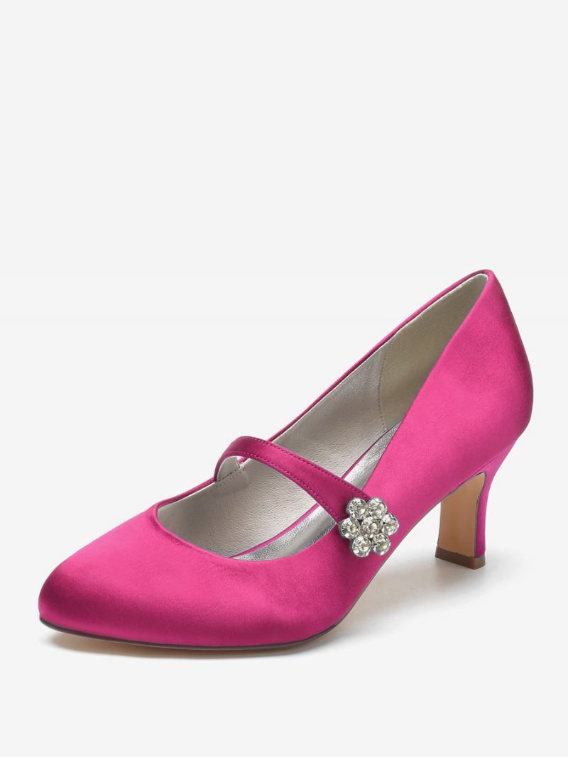 Sapatos Casamento Femininos Cetim Branco Bico Redondo Strass Salto Grosso Noiva Vintage - Rosa