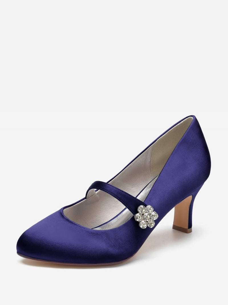 Sapatos Casamento Femininos Cetim Branco Bico Redondo Strass Salto Grosso Noiva Vintage - Azul Profundo