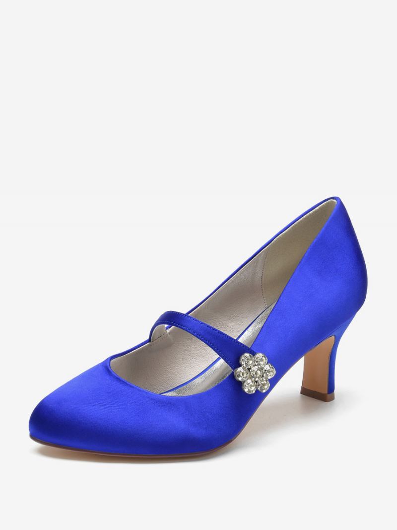 Sapatos Casamento Femininos Cetim Branco Bico Redondo Strass Salto Grosso Noiva Vintage - Azul Royal