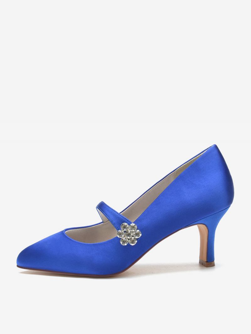 Sapatos Casamento Femininos Cetim Branco Bico Redondo Strass Salto Grosso Noiva Vintage - Azul Royal