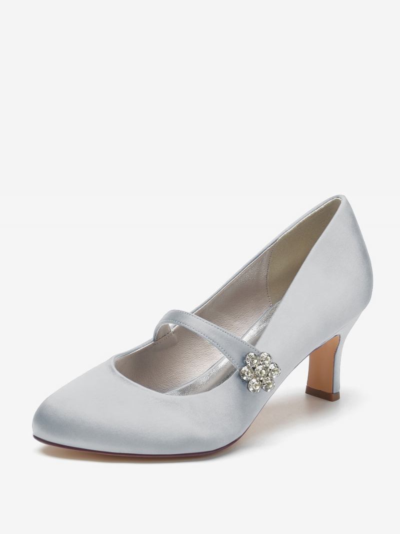 Sapatos Casamento Femininos Cetim Branco Bico Redondo Strass Salto Grosso Noiva Vintage - Prata