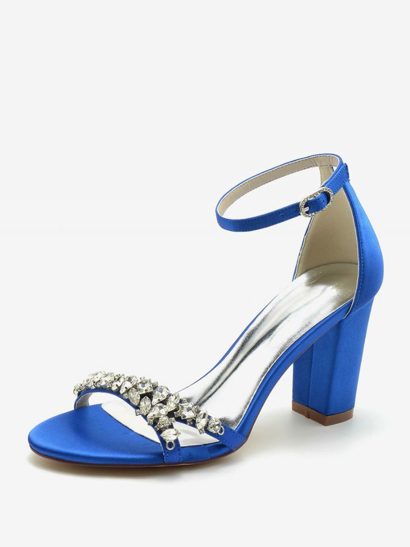 Sapatos Casamento Femininos Cetim Branco Dedo Do Pé Aberto Strass Noiva Salto Grosso - Azul Royal