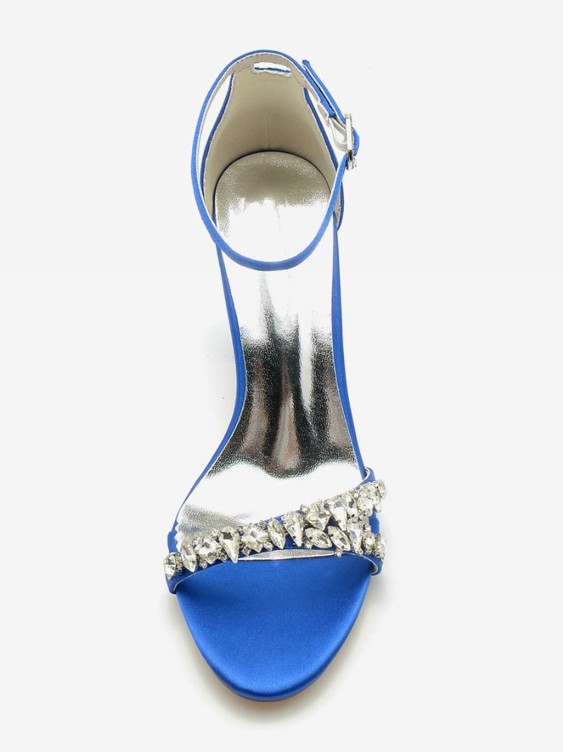 Sapatos Casamento Femininos Cetim Branco Dedo Do Pé Aberto Strass Noiva Salto Grosso - Azul Royal