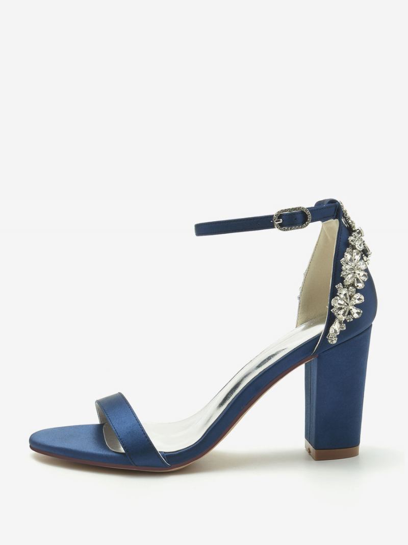 Sapatos Casamento Femininos Cetim Marfim Strass Sandálias Dedo Aberto - Azul Profundo