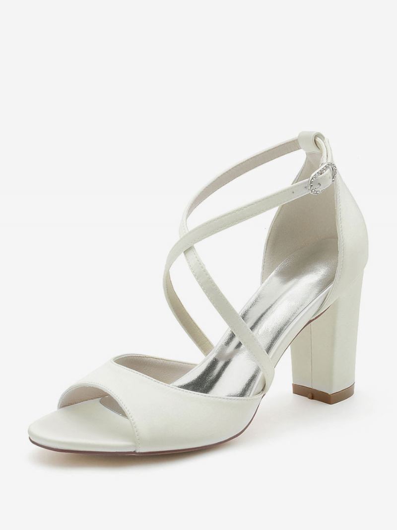 Sapatos Casamento Femininos Cetim Peep Toe Salto Bloco Noiva - Marfim