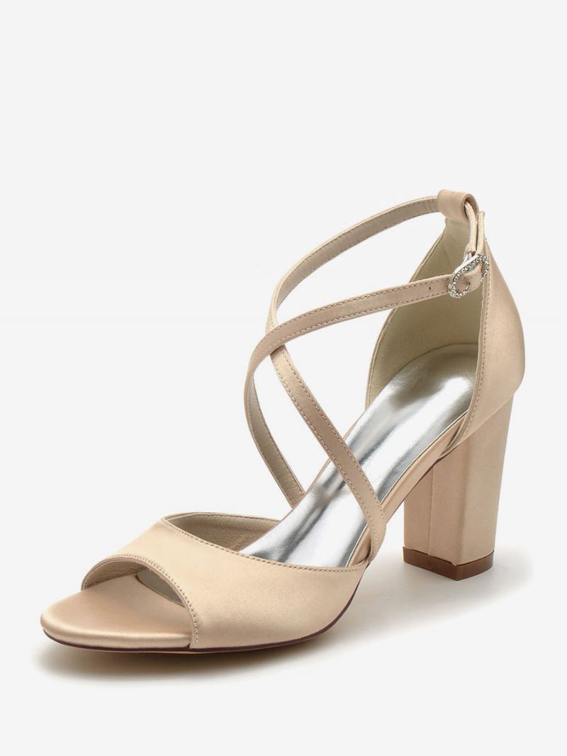 Sapatos Casamento Femininos Cetim Peep Toe Salto Bloco Noiva - Champanhe