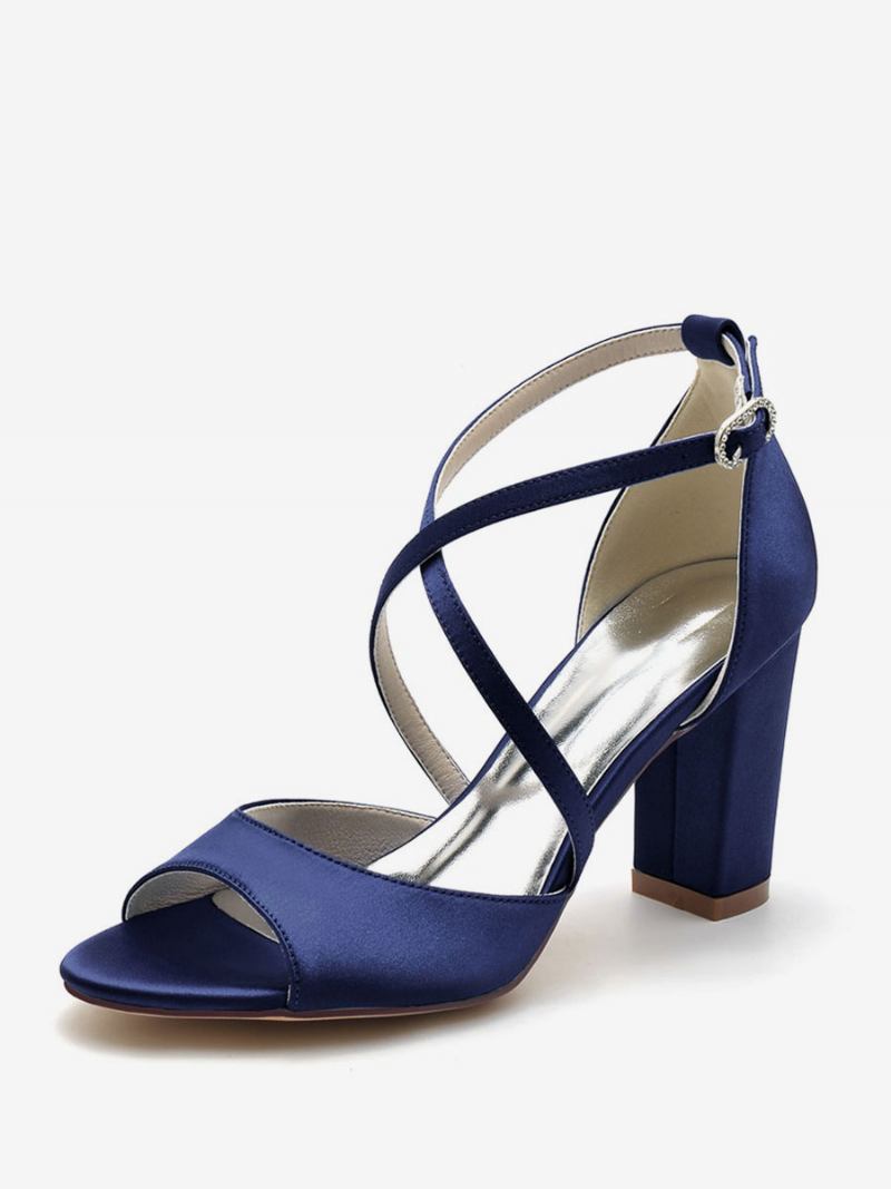 Sapatos Casamento Femininos Cetim Peep Toe Salto Bloco Noiva - Azul Profundo