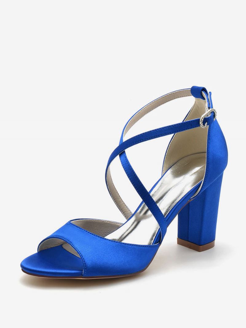 Sapatos Casamento Femininos Cetim Peep Toe Salto Bloco Noiva - Azul Royal